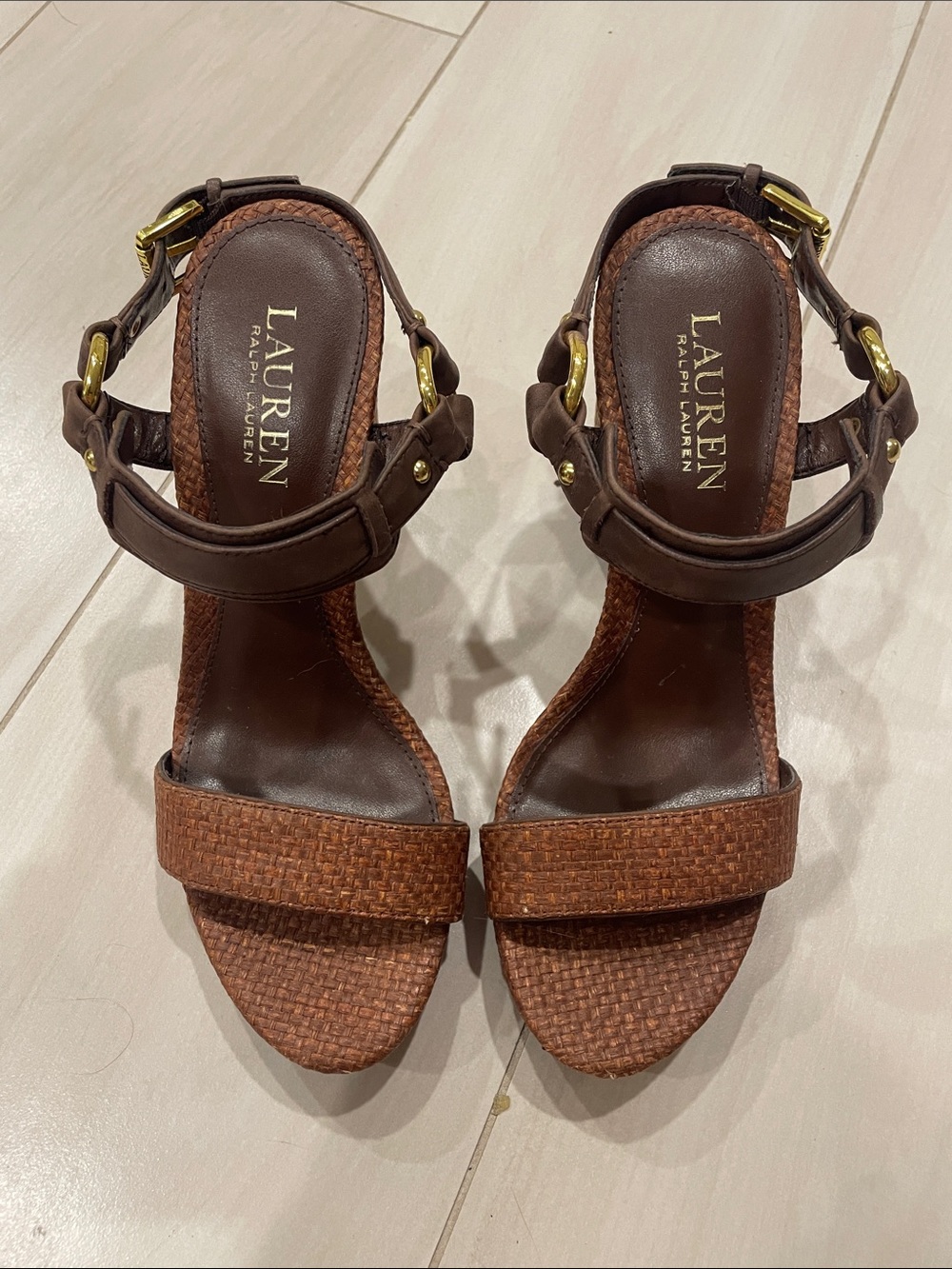 Ralph Lauren Brown Woven Leather Heel Sandals with Gold Hardware size 7.5